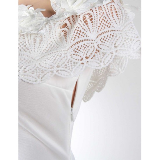 Off Shoulder Bodycon Midi Knitting Flowers White Dress