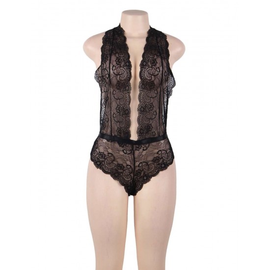 Plus Size Black Deep V Exquisite Lace Teddy