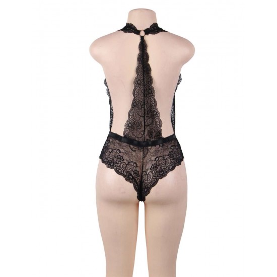 Plus Size Black Deep V Exquisite Lace Teddy