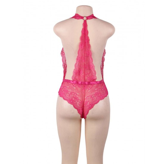 Pink Deep V Exquisite Lace Teddy