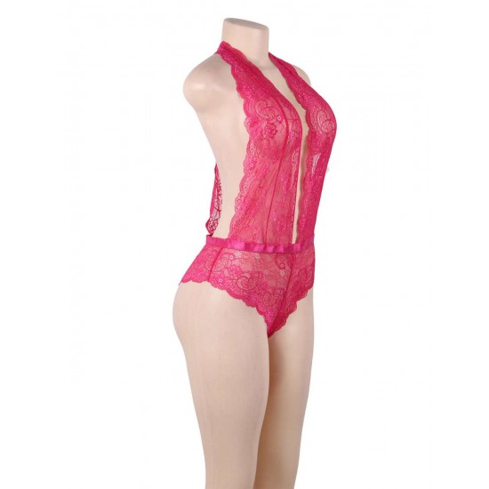 Plus Size Pink Deep V Exquisite Lace Teddy