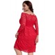 Plus Size Long Sleeve Fashion Red Lace Midi Dress