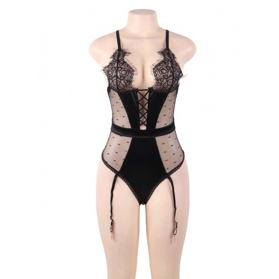 Black Deluxe Satin Lace Stitching Teddy