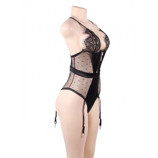 Plus Size Black Deluxe Satin Lace Stitching Teddy