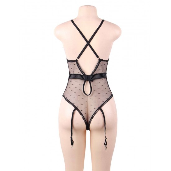 Plus Size Black Deluxe Satin Lace Stitching Teddy