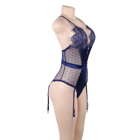 Blue Deluxe Satin Lace Stitching Teddy