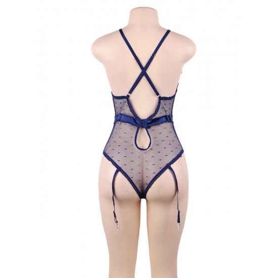 Plus Size Blue Deluxe Satin Lace Stitching Teddy