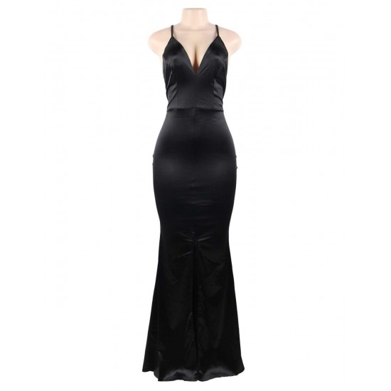 Black Elegant Halter Satin Slim Maxi Dress