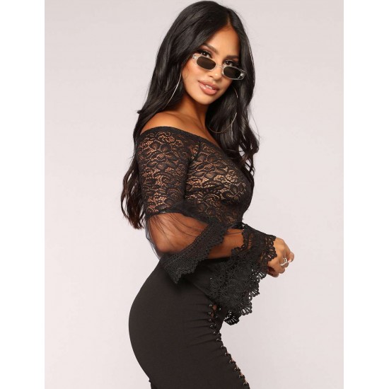 Black Lace Stitching Long Sleeve Sexy Teddy