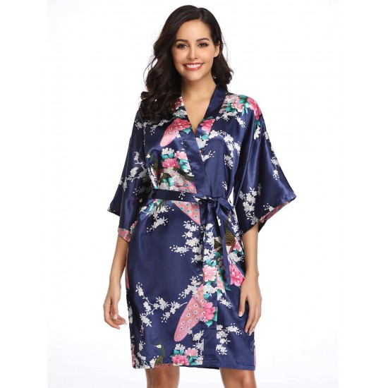  Flower And Bird Short Kimono Dark Blue Satin  Wrap  Pajamas 