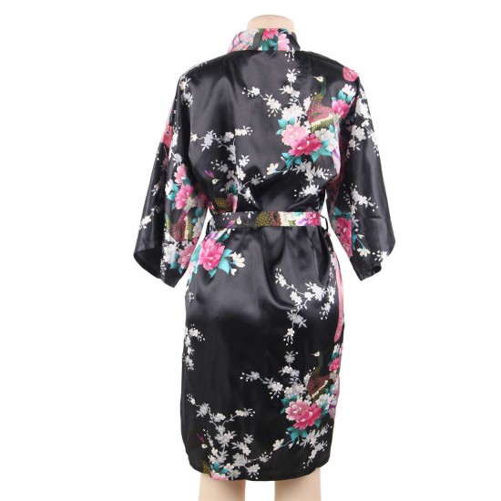  Flower And Bird Short Kimono Black Satin  Wrap  Pajamas 