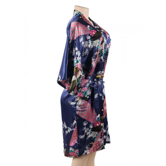  Flower And Bird Short Kimono Dark Blue Satin  Wrap  Pajamas 