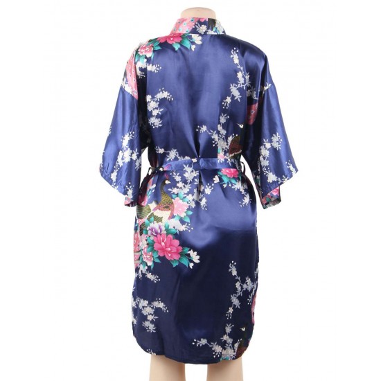  Flower And Bird Short Kimono Dark Blue Satin  Wrap  Pajamas 