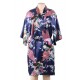  Flower And Bird Short Kimono Dark Blue Satin  Wrap  Pajamas 