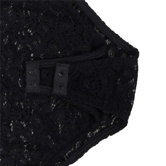 Black Lace Stitching Long Sleeve Sexy Teddy