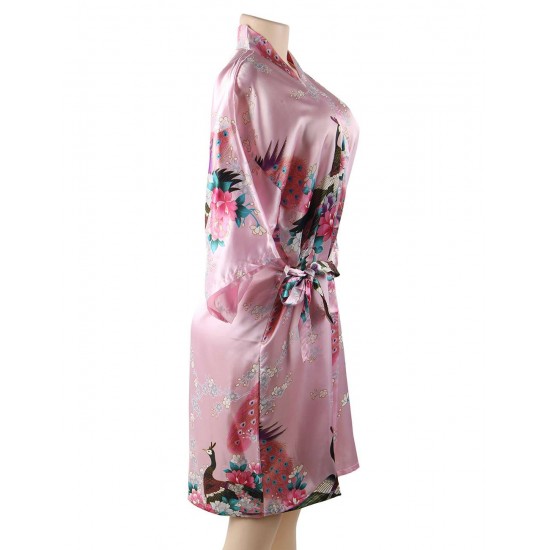  Flower And Bird Short Kimono Pink Satin  Wrap  Pajamas 