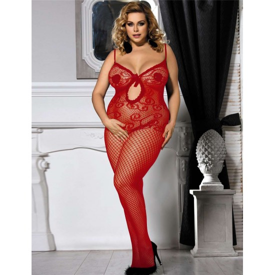 Plus Size Sexy Red Crocheted Fishnet Bodystockings