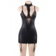 Black Leather Exquisite Lace Choker Neck Chemise