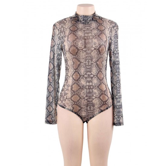 Snake Long Sleeve Turtleneck Mesh Bodysuit For Women