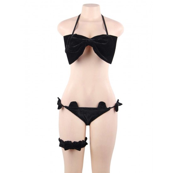 Black Cute Bow Velvet Bra Set