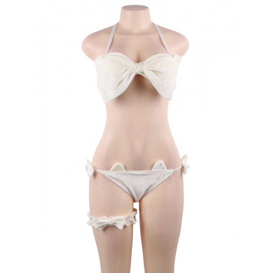 White Cute Bow Velvet Bra Set