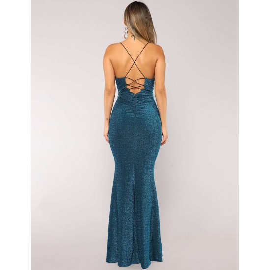 Blue Elegant Halter sparkly Slim Evening Dress