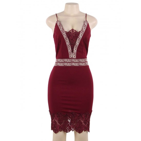 Sexy Women Dark Red Embroidered Fashion Dress