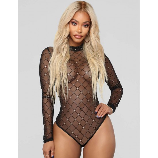 Long Sleeve Sexy Rhombus Mesh Ladies Teddy