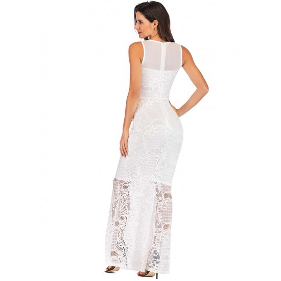 White Lace Patch Stitching Evening Dress