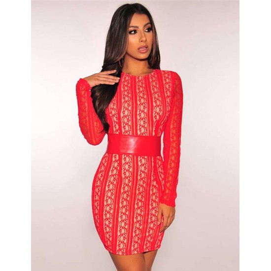 Fashion Red Lace Stripe Bodycon Dress