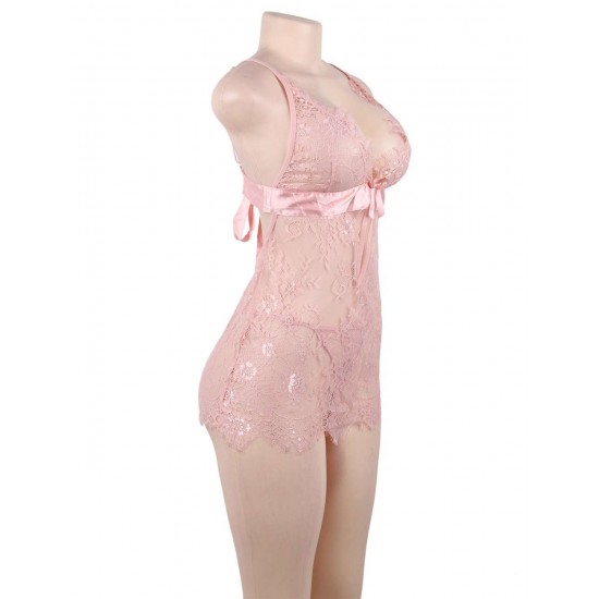 Plus Size Pink Eyelash Lace Sexy Babydoll