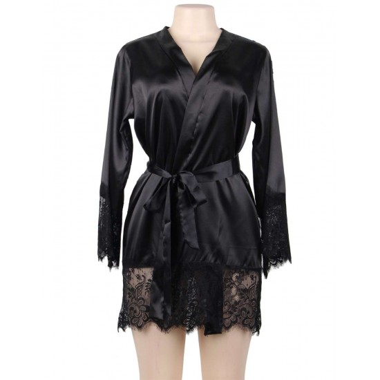 Black Silk Satin Lace Sexy Women Kimono Home Pajamas