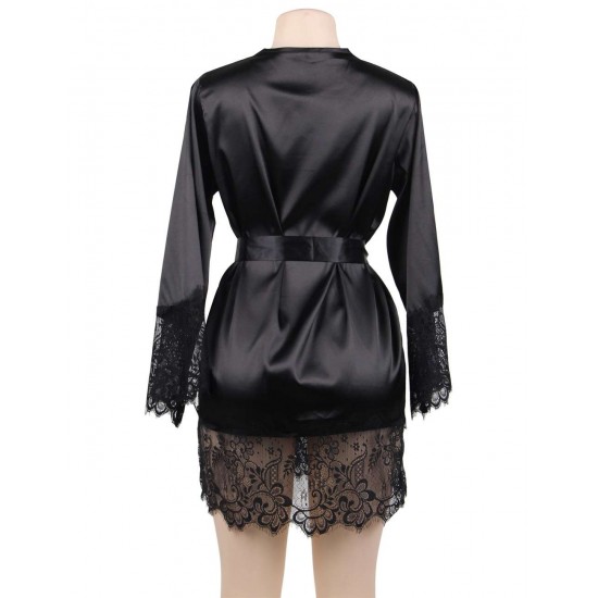 Black Silk Satin Lace Sexy Women Kimono Home Pajamas