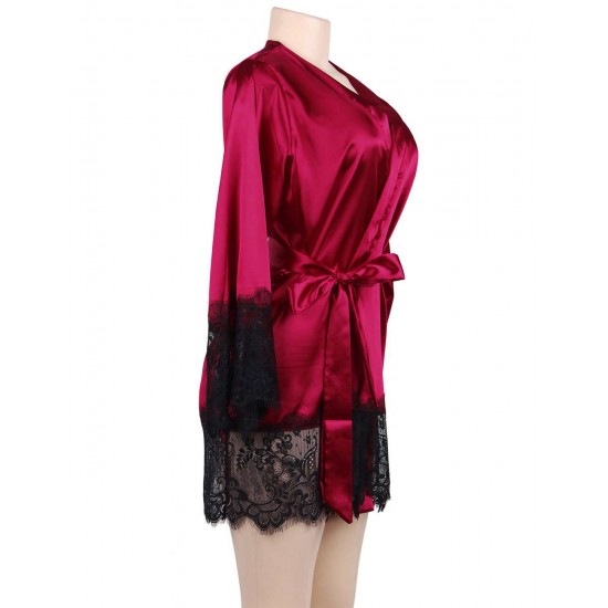 Wine Red Silk Satin Lace Sexy Women Kimono Home Pajamas