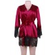 Wine Red Silk Satin Lace Sexy Women Kimono Home Pajamas