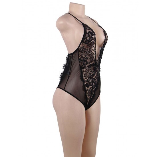 Plus Size Black Lace Eyelash Sexy Teddy