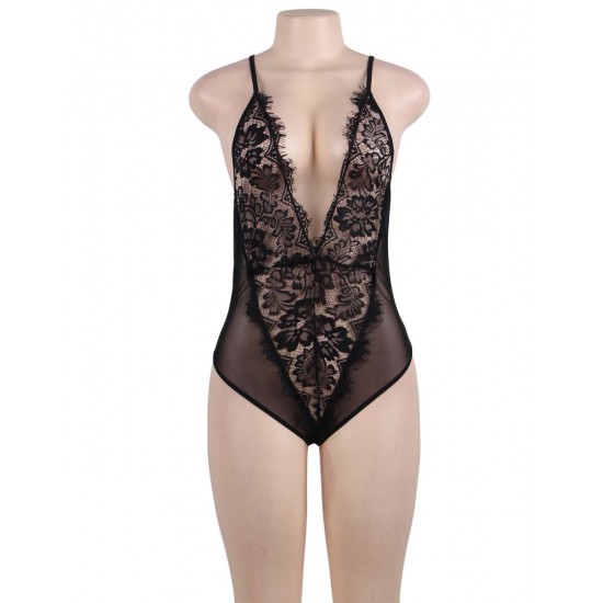 Plus Size Black Lace Eyelash Sexy Teddy