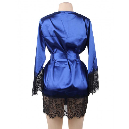 Plus Size Blue Silk Satin Lace Sexy Women Kimono Home Pajamas