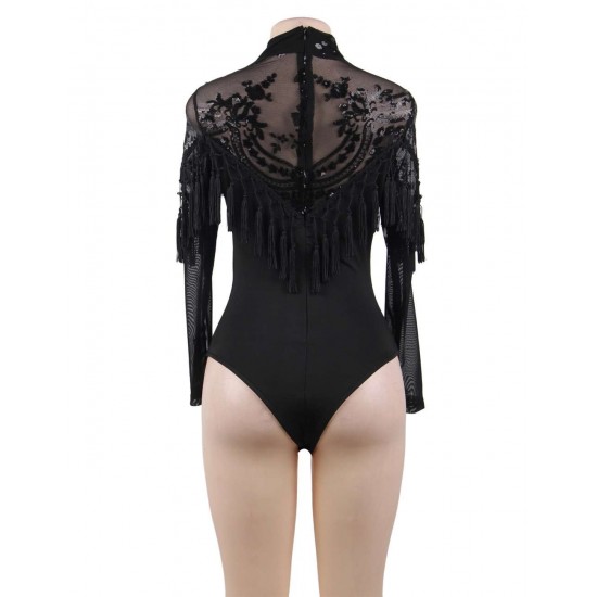 Black Lace Fringe Decoration Long Sleeve Teddy