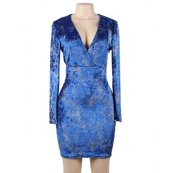 Blue Velvet Glitter Long Sleeve Fashion Dress