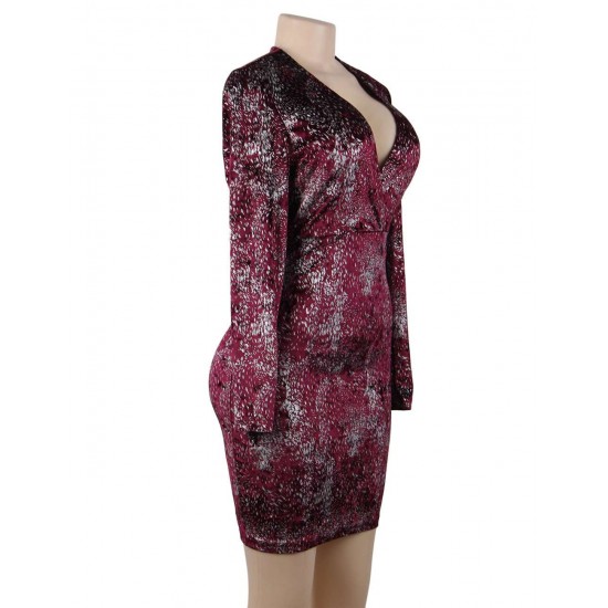 Purple Red Velvet Glitter Long Sleeve Fashion Dress