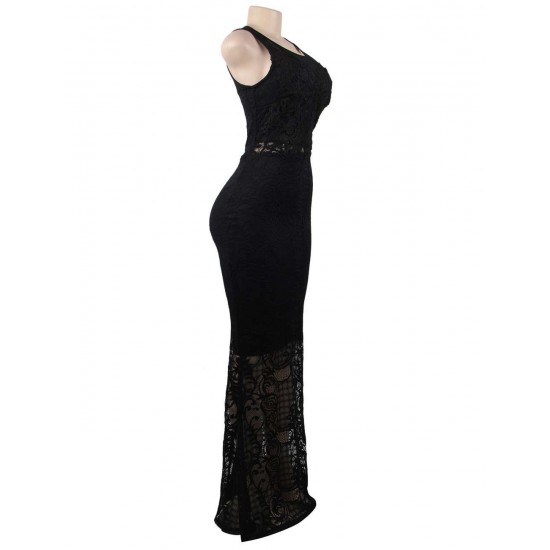 Black Lace Patch Stitching Evening Dress