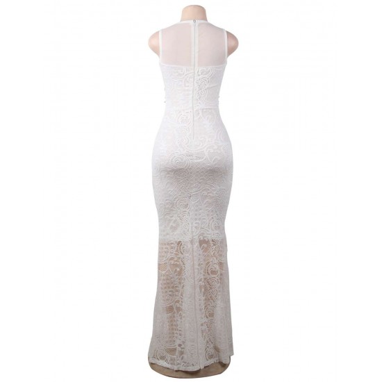 White Lace Patch Stitching Evening Dress