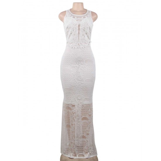 White Lace Patch Stitching Evening Dress