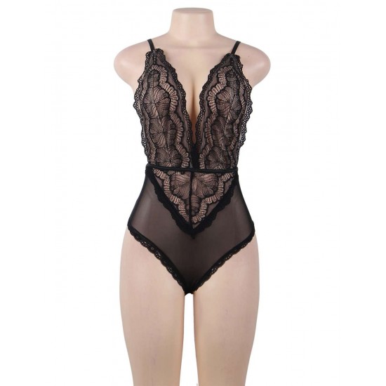  Black Lace Stitching Backless Teddy