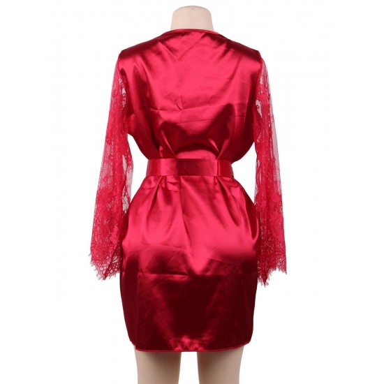 Wine Red Silk Satin Lace Sexy Women Kimono Home Pajamas