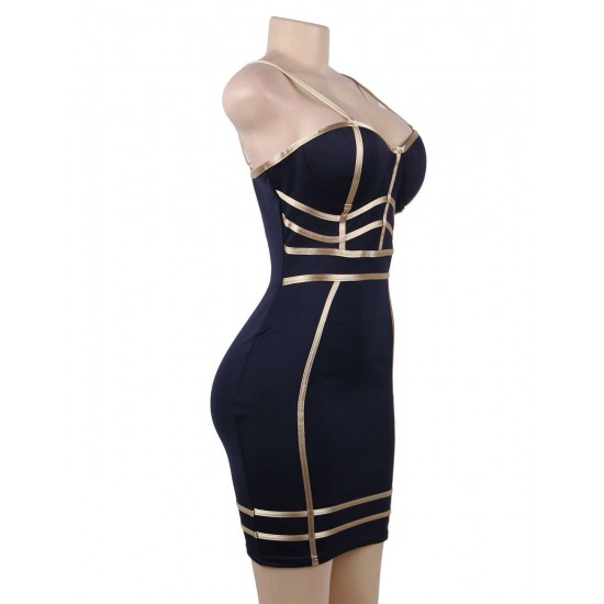 Golden Line Decoration Sexy Dark Blue Bodycon Dress