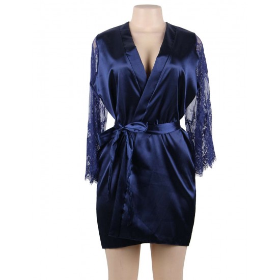 Blue Silk Satin Lace Sexy Women Kimono Home Pajamas