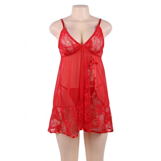 Floral Soft Lace Apron Chemise With Thong