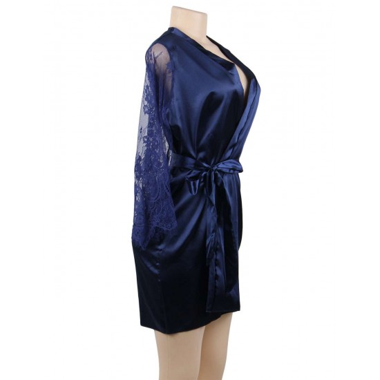 Plus Size Blue Silk Satin Lace Sexy Women Kimono Home Pajamas